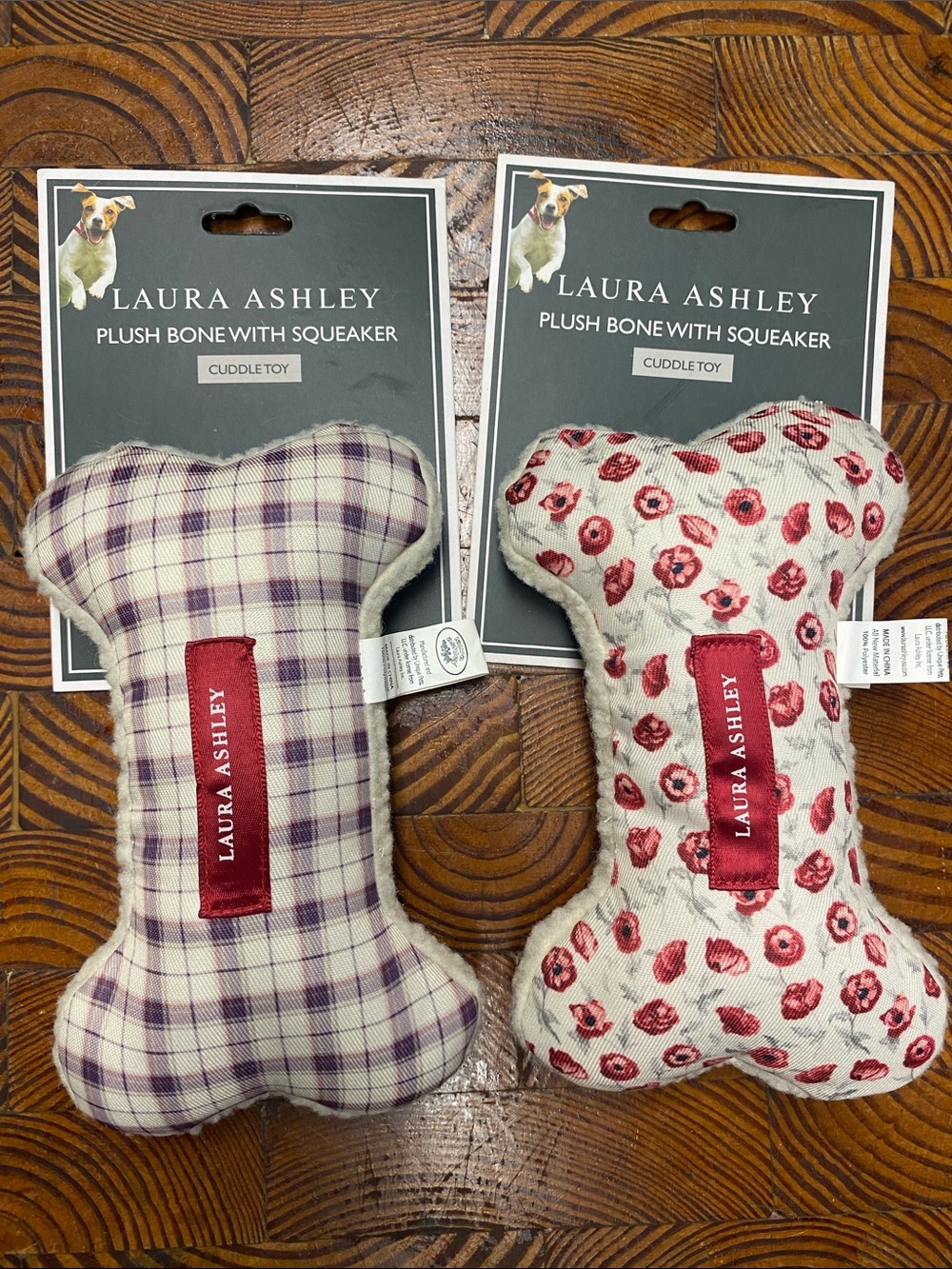 LAURA ASHLEY Bundle of 2 Plush  Bone Dog Toys with Squeaker in Floral and Plaid